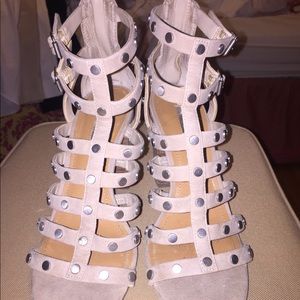 Nude studded cage chunky heel sandals